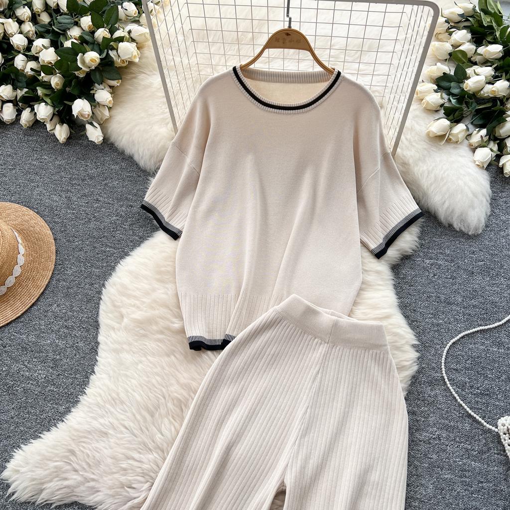 Летний женский трикотажный свитер, брюки, комплект из двух предметов, женский свитер с коротким рукавом, топ и брюки длиной до щиколотки, спортивный костюм