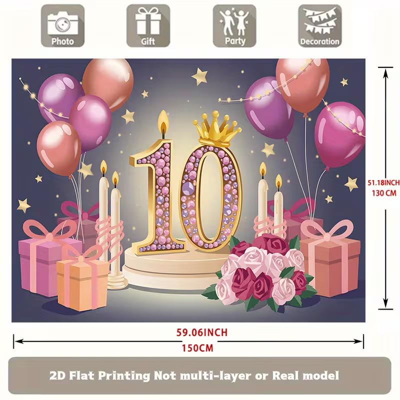 2D Pink Gold 10th Birthday Backdrop with Candles, Roses & Gift Boxes Party Banner