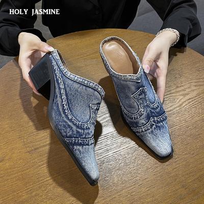 Мода 2025 Новые Ретро Ковбойские Мюли Полубосоножки Женские Мюли на Каблуке Тапочки Британский Квадратный Носок Короткие Ботинки Средний Каблук Текстильная Обувь Синий