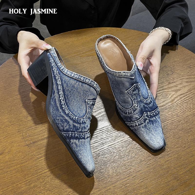 Мода 2025 Новые Ретро Ковбойские Мюли Полубосоножки Женские Мюли на Каблуке Тапочки Британский Квадратный Носок Короткие Ботинки Средний Каблук Текстильная Обувь Синий