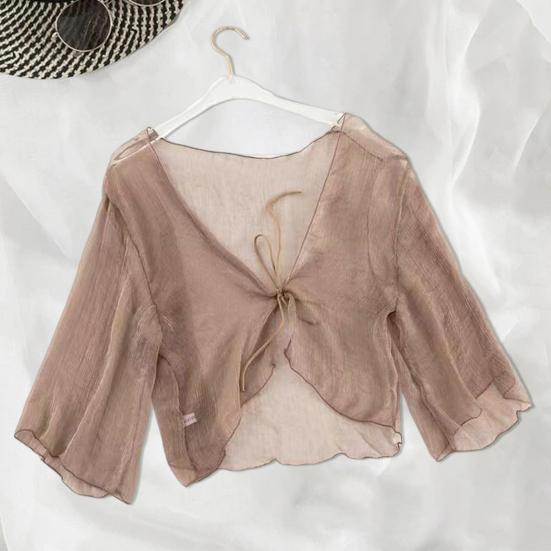 Women Sheer Chiffon Cardigan with Front-tie Transparent Loose Top Elegant Retro Style Shawl for Vacation Beach Daily Wear