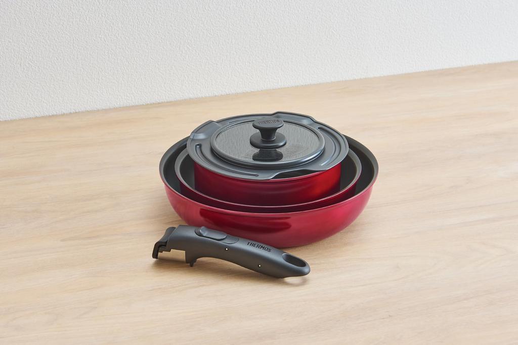 Thermos Durable Series Detachable Handle Frying Pan Set DA Compatible Deep Red Frying Pan and Pot are Dishwasher Safe DR 5-Piece IH/Gas KSD-5A