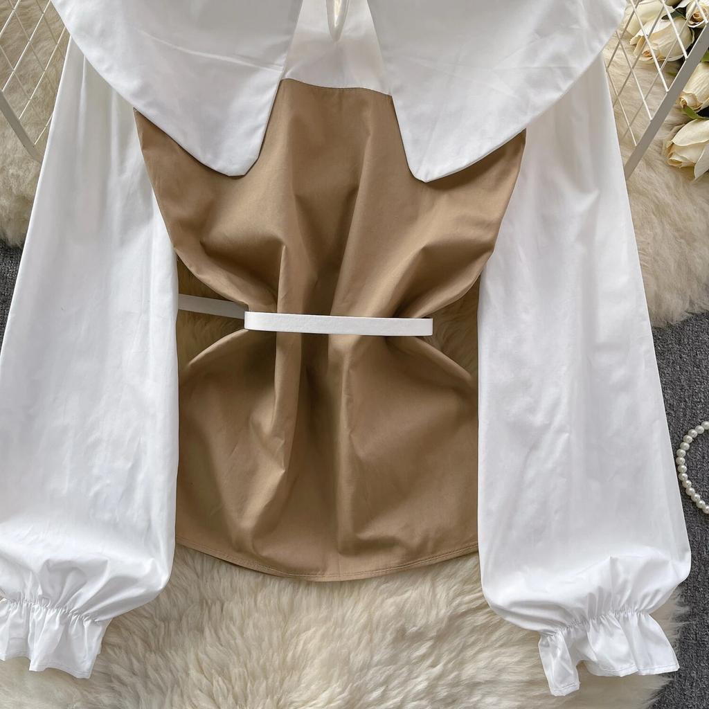 Korean Series Short Shirts for Women, Puff Sleeve Top, Large Lapel, Contrast Color, Patchwork, Early Spring Wear, New Fashion