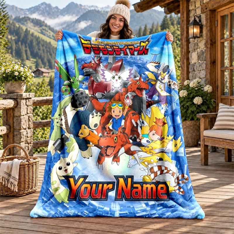 Digimon Custom Name Flannel Blanket Personalized Soft Warm Plush Throw Blanket Customized Gift for Family Friends