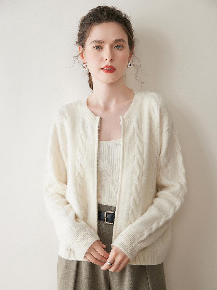 Women's Thick Cable Knit Cashmere Cardigan - Round Neck Zipper Sweater for Autumn/Winter