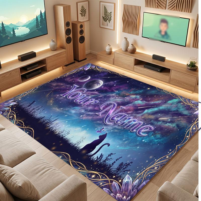 Cat Theme Crystal Velvet Floor Rug Personalized Custom Name Text Warm Carpet Home Decoration