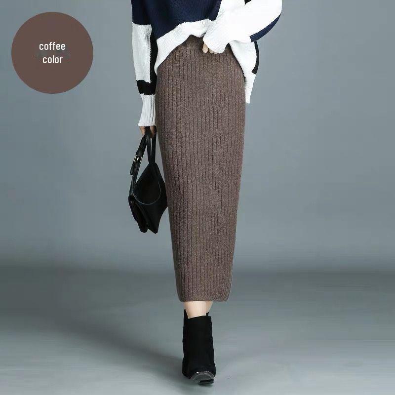 Женская трикотажная шерстяная юбка с высокой талией 2021 года: Осень/Зима, Плотный, Длинный, Приталенный, с разрезом
