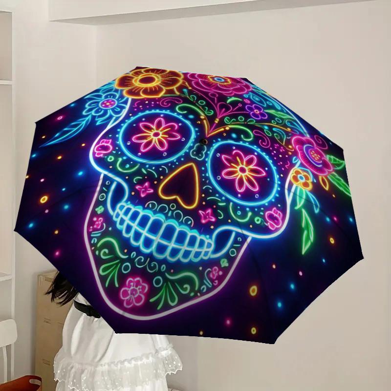 1pc Colorful Neon Sugar Skull Artwork Umbrella with Plastic Handle,Suitable for All Seasons Home Travel Outdoor UmbrellaDD1469