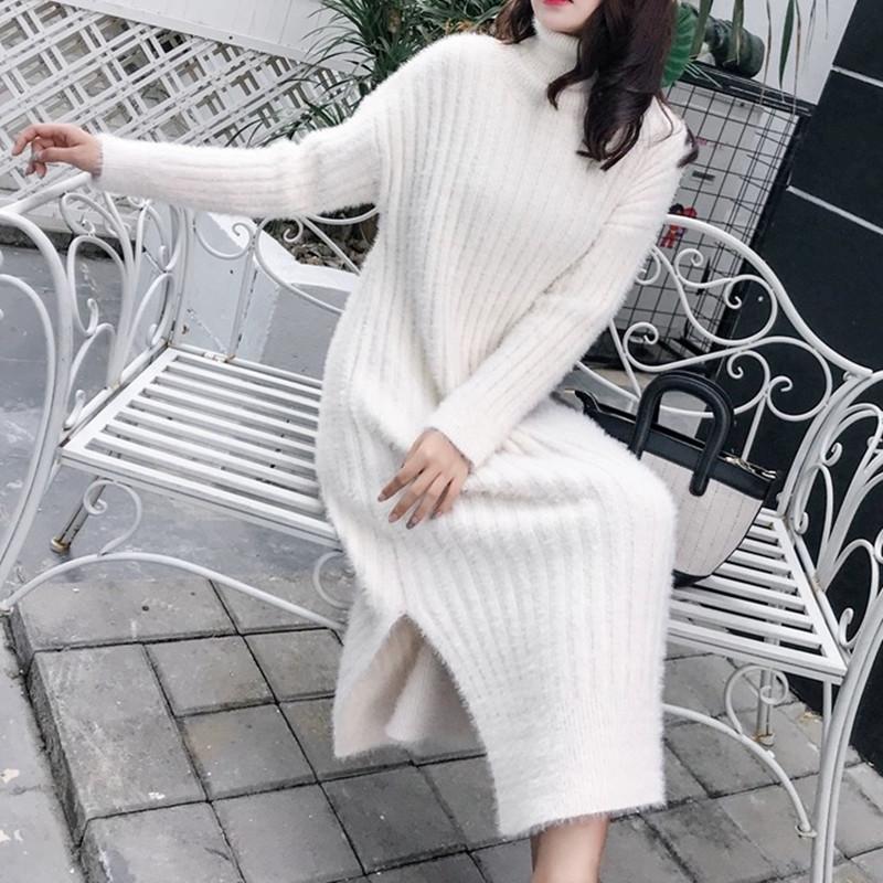 Autumn and Winter New Imitation Mink Turtleneck Pullover Fashion Temperament Knitted Bottoming Skirt Long Split Dress Women
