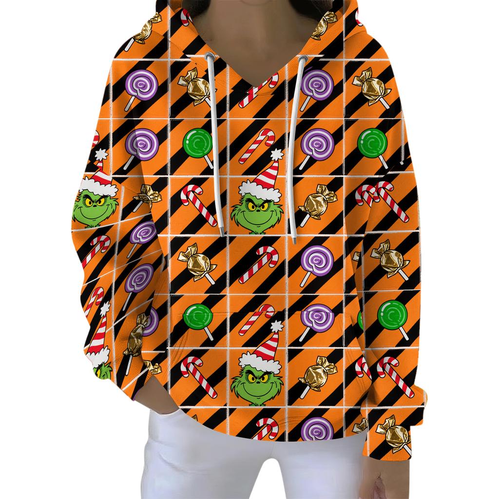 Ladies' Loose And Comfortable Drawstring V-neck Long Sleeved Christmas Printed Sweatshirt