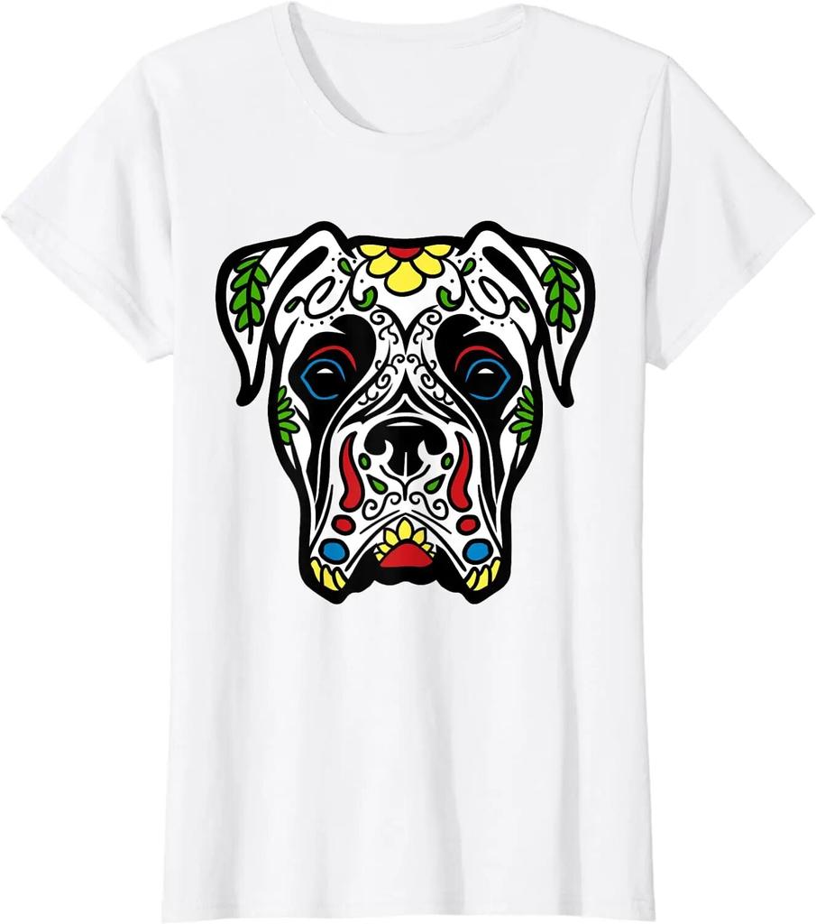 Белая футболка-боксер с мертвым сахарным черепом, подарочная футболка для собаки, повседневные короткие рубашки на четыре сезона для унисекс, женские и детские рубашки на Хэллоуин, Мексика