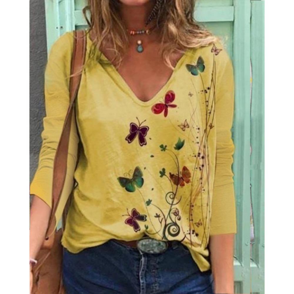 Футболка с длинными рукавами и V-образным вырезом, выполненная с цифровой печатью, для женщин, красивая и очаровательная, становится лидером в индустрии моды.