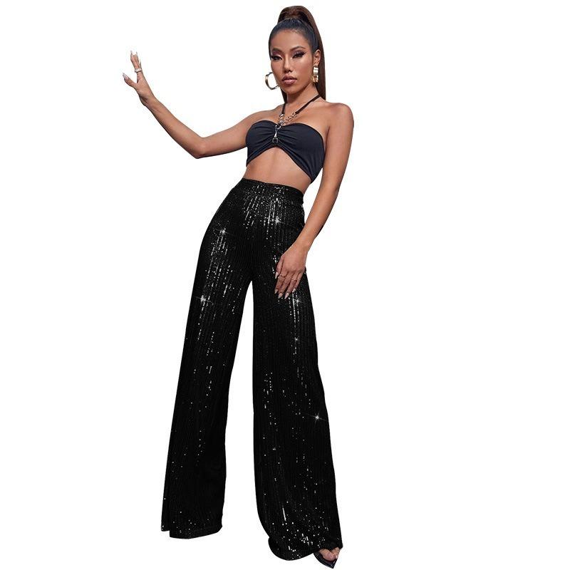 Women's New High Grade Solid Color Pendant Sequin Casual Wide Leg Pants