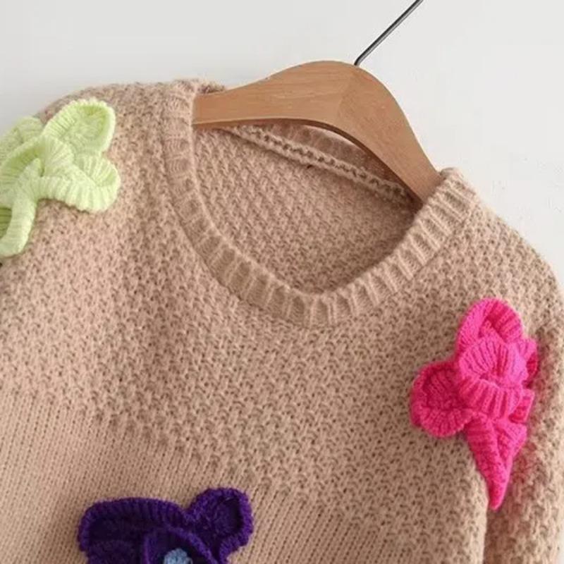 Новый трехмерный цветочный вязаный женский свитер для женщин, новый свободный, томный, ленивый, ветер, иностранный, сладкий, женский свитер