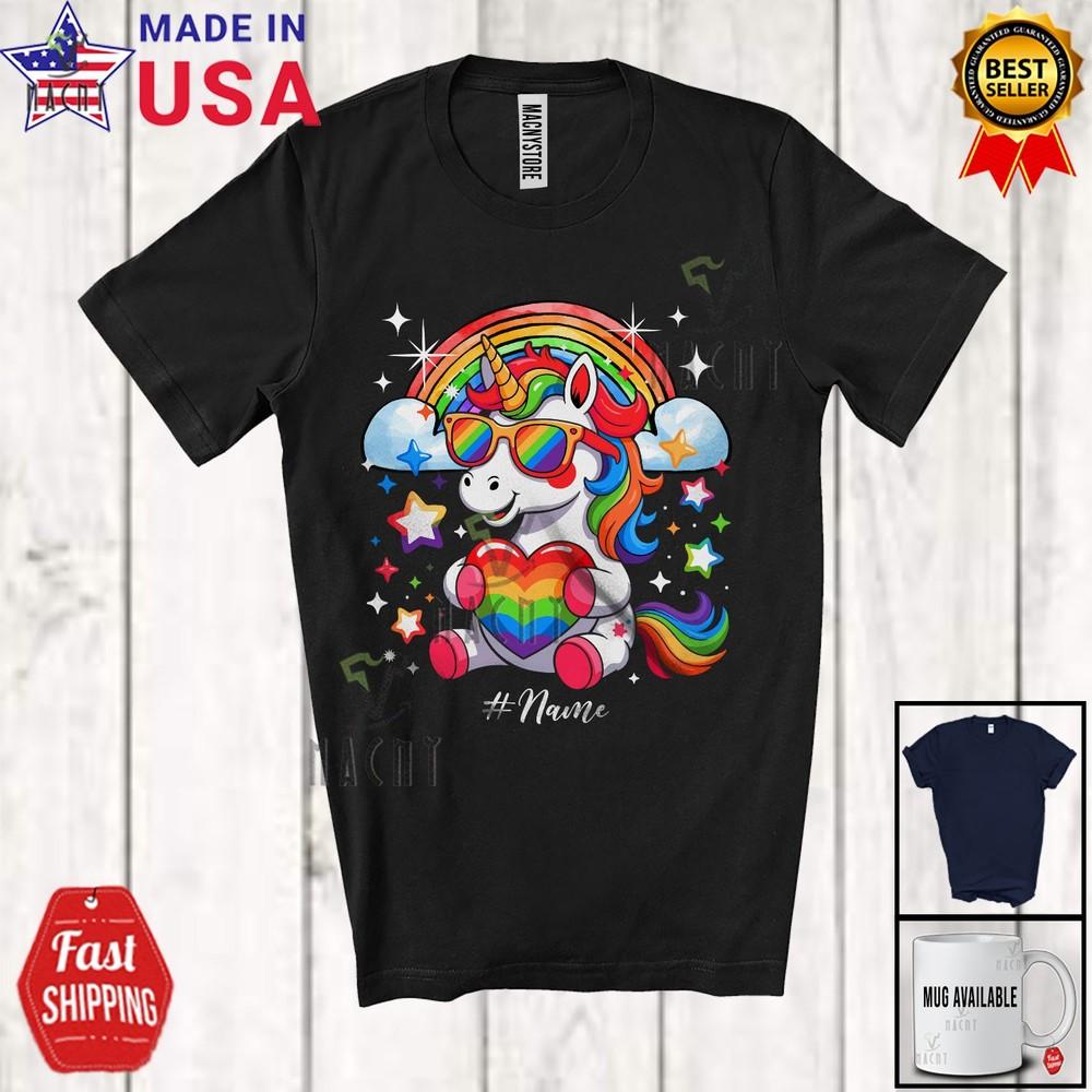 Custom Name Unicorn Holding Heart Lovely LGBTQ Rainbow Gay Pride Rainbow Shirt