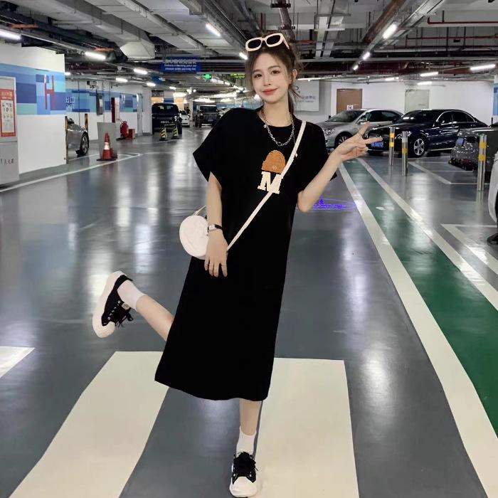 Women's Short-sleeved T-shirt Dresses Summer Loose Knee-length Casual Plus Size Dress Split Dress