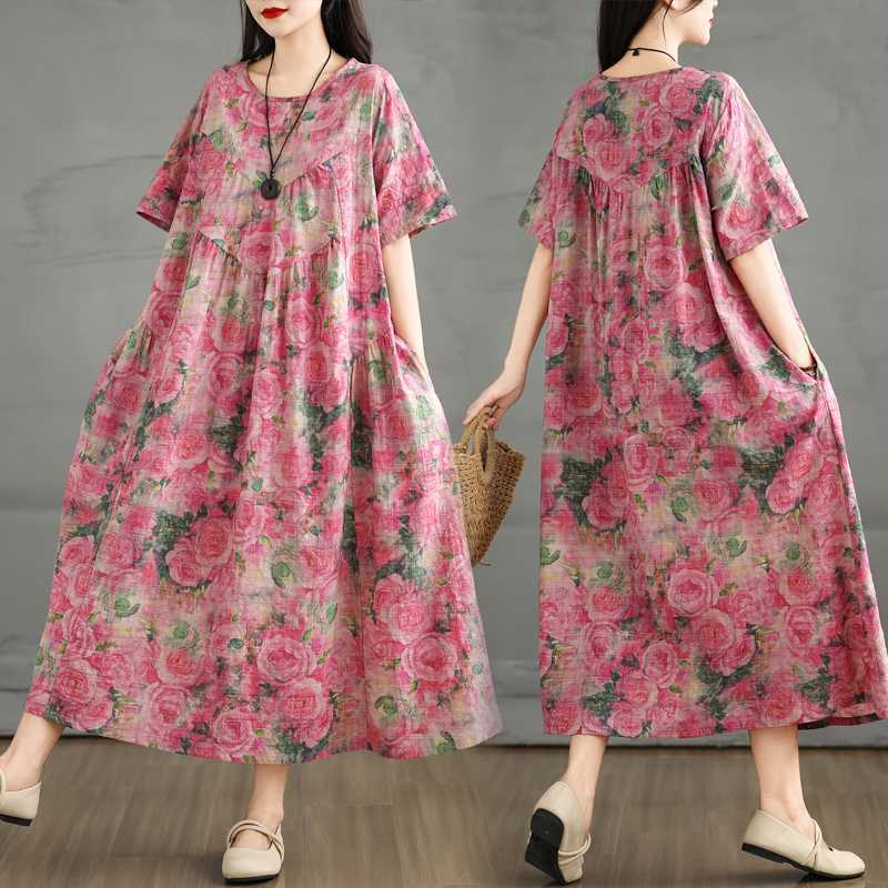 Ретро хлопково-льняное платье с круглым вырезом и короткими рукавами для женщин, свободная А-силуэтная юбка
