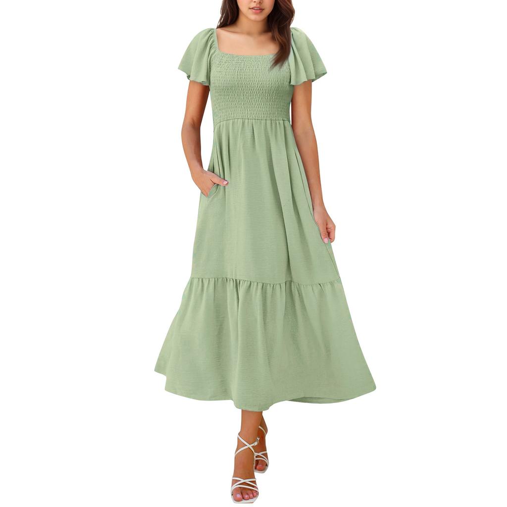 Women's Fashion Casual Maxi Dress Square Neck Bell Sleeves Ruffles Dress With Pockets