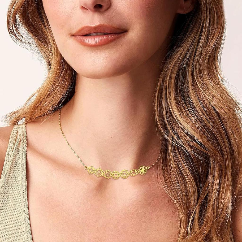 Gold 7 Chakra Necklace for Women Long Pendant Yoga Jewelry Fashion Accessories Adjustable Chain Spiritual Necklace Y-shaped Jewelry Gift for Women