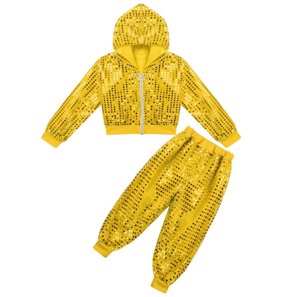 Kids Boys Girls Sparkly Sequins Long Sleeve Hip Hop Jazz Street Dance Costumes Long Sleeve Hooded Jacket Pants Set