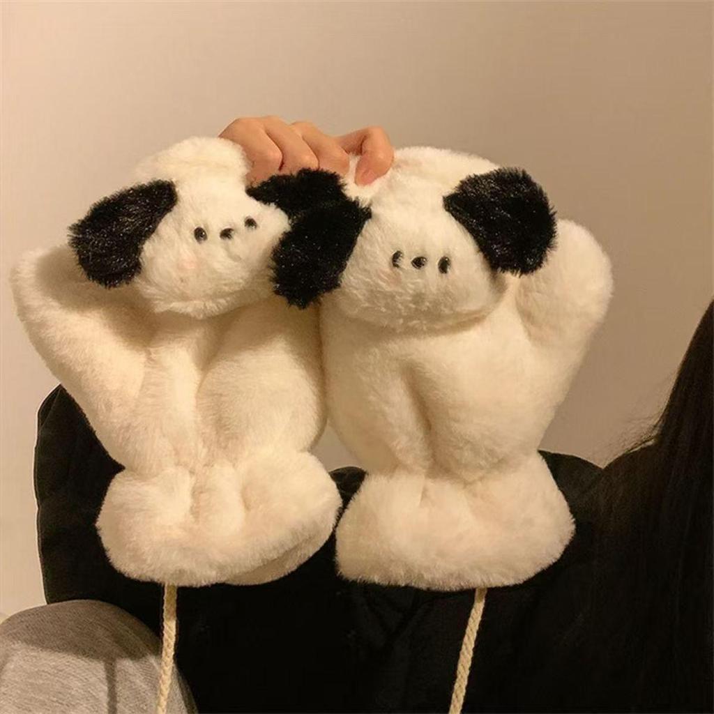 Женские зимние теплые плюшевые варежки с мультяшным рисунком и шейным шнурком - Ветрозащитные перчатки для велоспорта