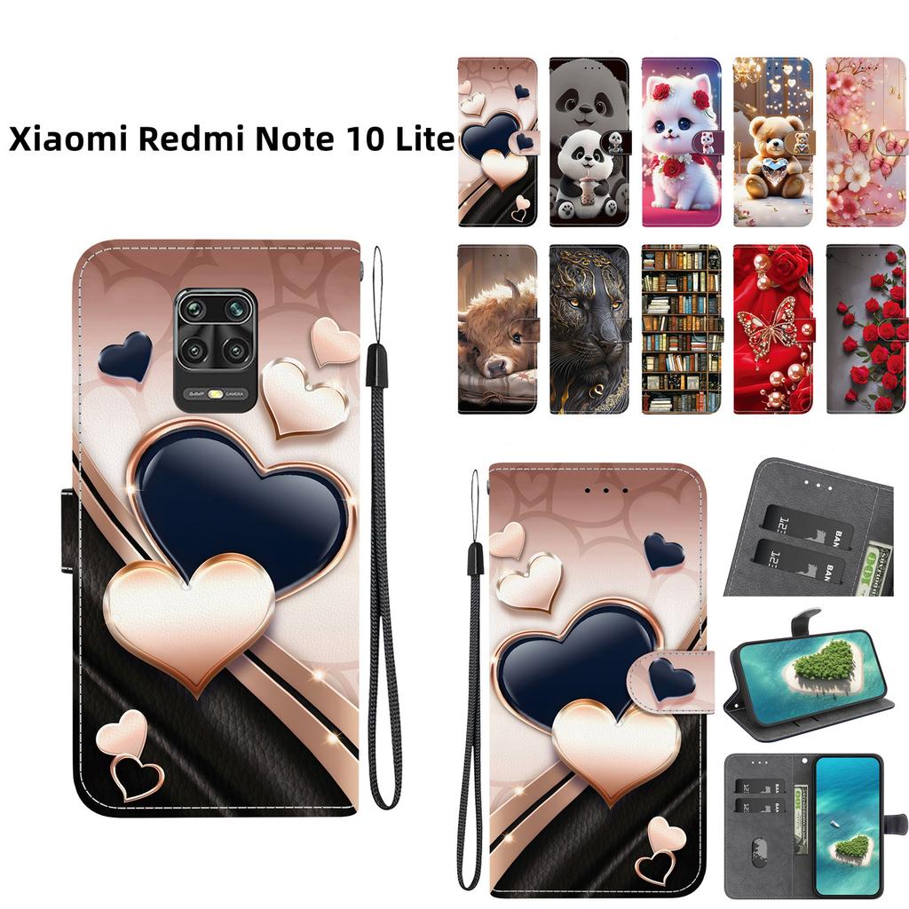 Чехол-книжка из искусственной кожи ручной работы для Xiaomi Redmi Note 10 Lite, противоскользящая противоударная крышка с ремешком на запястье и дизайном в виде сердца/розы/кошки