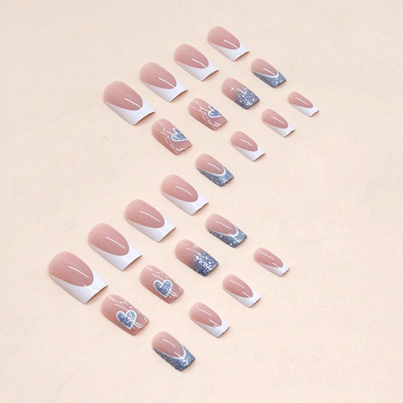 24 Pieces Medium and Long French Manicure Flash Love Fake Nails European and American Ins Style Wearing Sweet Girl Manicure Nails