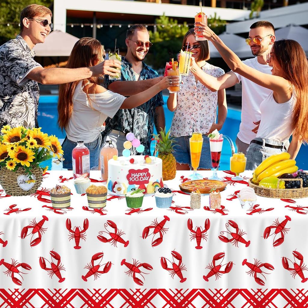 4Pcs Crawfish Tablecloth Birthday Party White and Red Crawfish Table Covers 51 x 86 Rectangle Lobster Table Cloth for Birthday Party Baby Shower