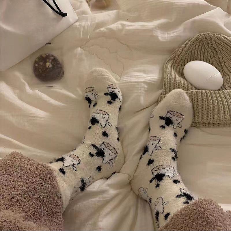 Cow Print Mink Plush Socks For Women Girl Mid Tube Stockings Warm Coral Velvet Sleep Floor Sock Winter Thermal Slipper Funny Sox
