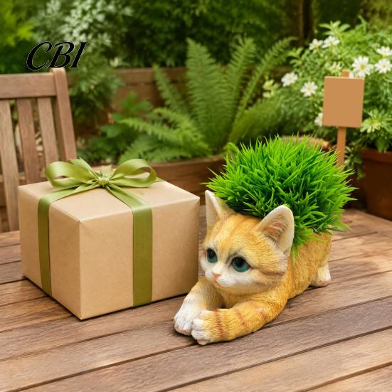 Decorative Cat Ornament Creative Resin Planter, Cute Lying Flower Pot for Garden Window Sill Plant Holder Yard, Adorable Animal Holder, Indoor Outdoor