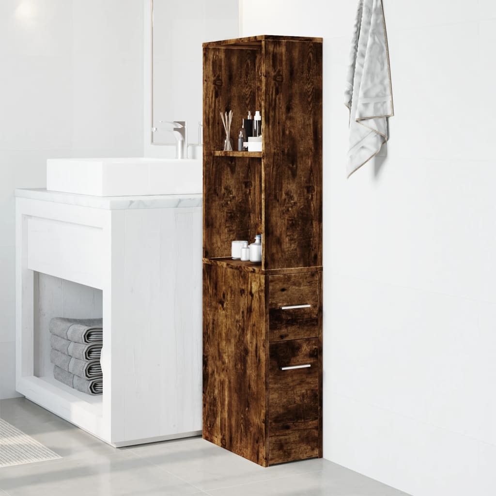 Narrow Bathroom Cabinet with Casters Smoked Oak Wood Based Material