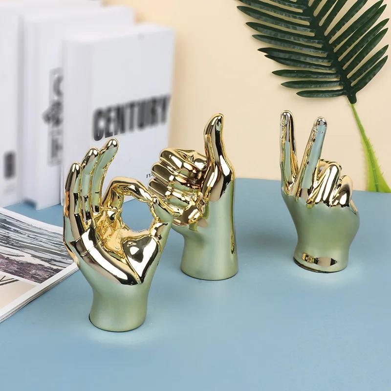 Resin Hand Finger Gesture Figurine Sculpture Decor Abstract Hand Love Gesture Statue Figurines Wedding Home Desktop Decor
