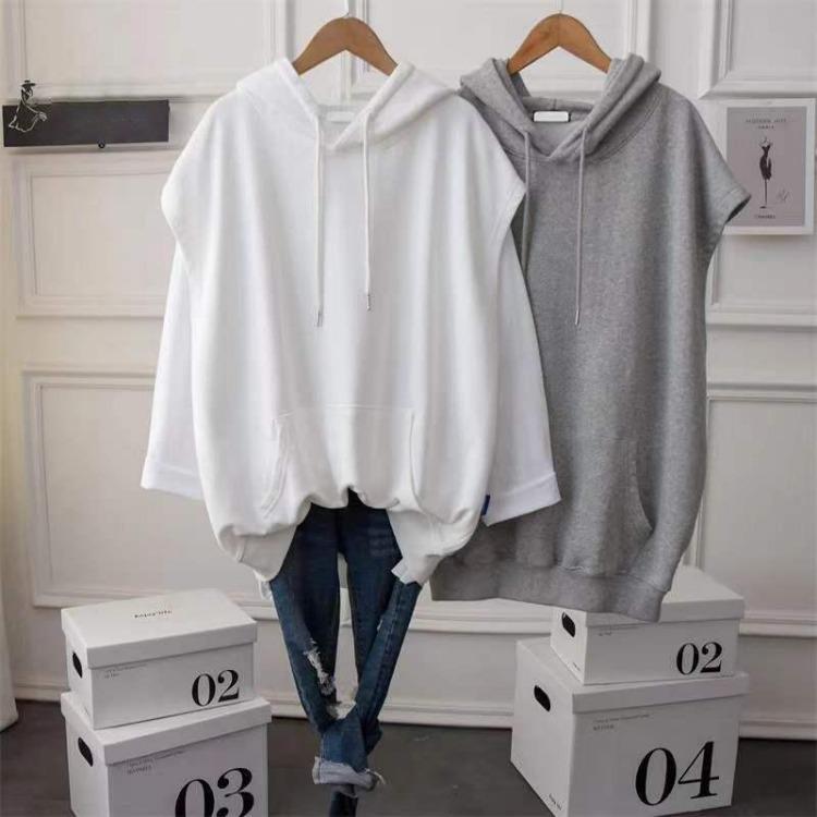 Women's Casual Loose Mid-length Hooded Sweatshirt Sleeveless Coat Solid Color Vest Top Large Size