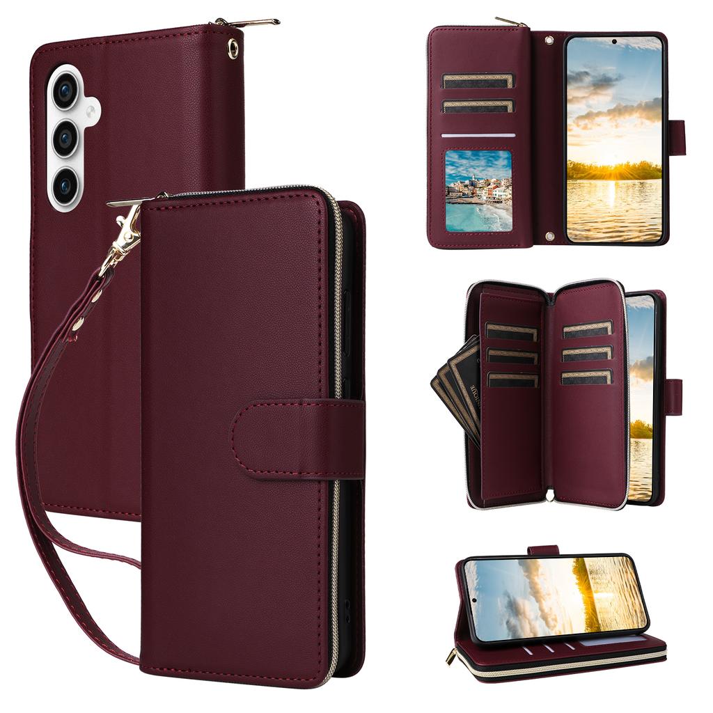 For Samsung Galaxy S25 FE Case 9 Card Slots Zipper Pocket PU Leather Phone Cover with Wrist Strap