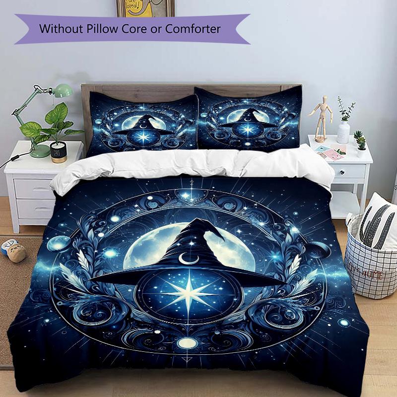 3pcs Wizard's Hat A Mystical Celestial Emblem Printed Duvet Cover Set (1 * Cover+2 * Pillowcase, Without Core), Suitable for Home Bedroom, Guest