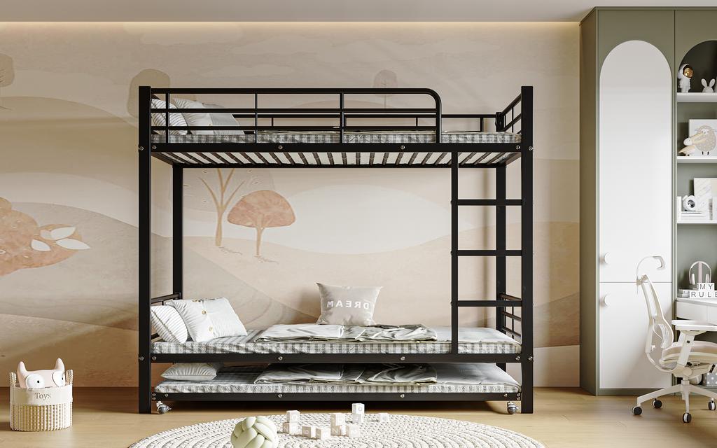 Iron Bed, Bunk Bed, Suitable for Children and Teenagers, with Pull-Out Bed, Four Side Rails on the Upper Bed, Iron, Black, 90x200cm&90x190cm