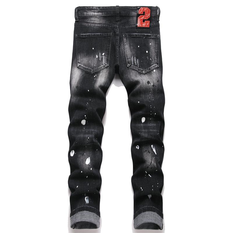 2025 Повседневные мужские узкие джинсы-ковбойки Черные потертые эластичные джинсовые скинни со средней посадкой D4068