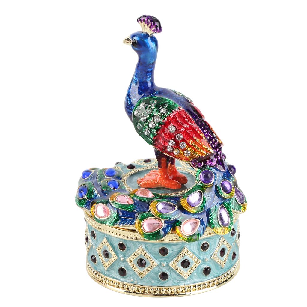 Peacock Figurine Hinged Jewelry Storage Box Desktop Zine Alloy Decoration Ornament