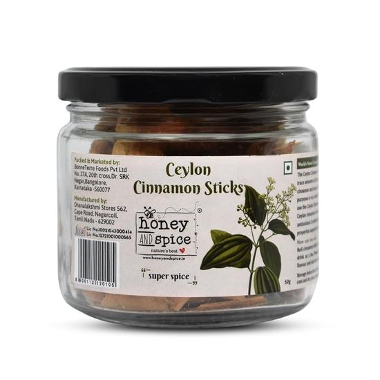 Honey and Spice Ceylon Dalchini Cinnamon Sticks Organic Srilankan - 50 Gms (True Srilankan Barks/Rolls), 100% Natural | H1 Grade