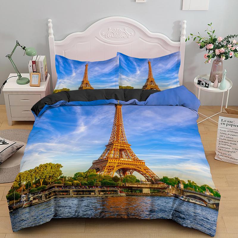 Пододеяльник с изображением Эйфелевой башни, короля и королевы, Париж, знаменитая архитектура, комплект постельного белья для взрослых, романтический пейзаж, 2/3 шт., полиэстер, пододеяльник