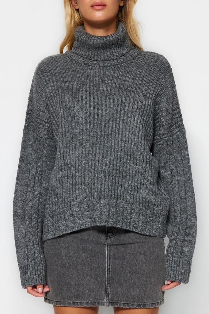 Women's Elegance Style Sweater Stone Turtleneck Hair Braided Soft Textured Knitwear Sweater