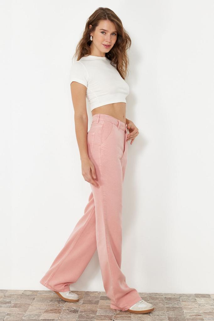 Women's Style Trousers Pink 100% Tencel Low Waist Wide Leg Jeans