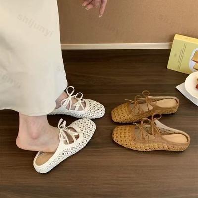 Мода 2025 Лето Женские Французский Стиль Плетеные Ажурные Прохладные Шлепанцы Дизайн с Бантом Элегантная Обувь Мэри Джейн Увеличенная Высота Внутри Сандалии