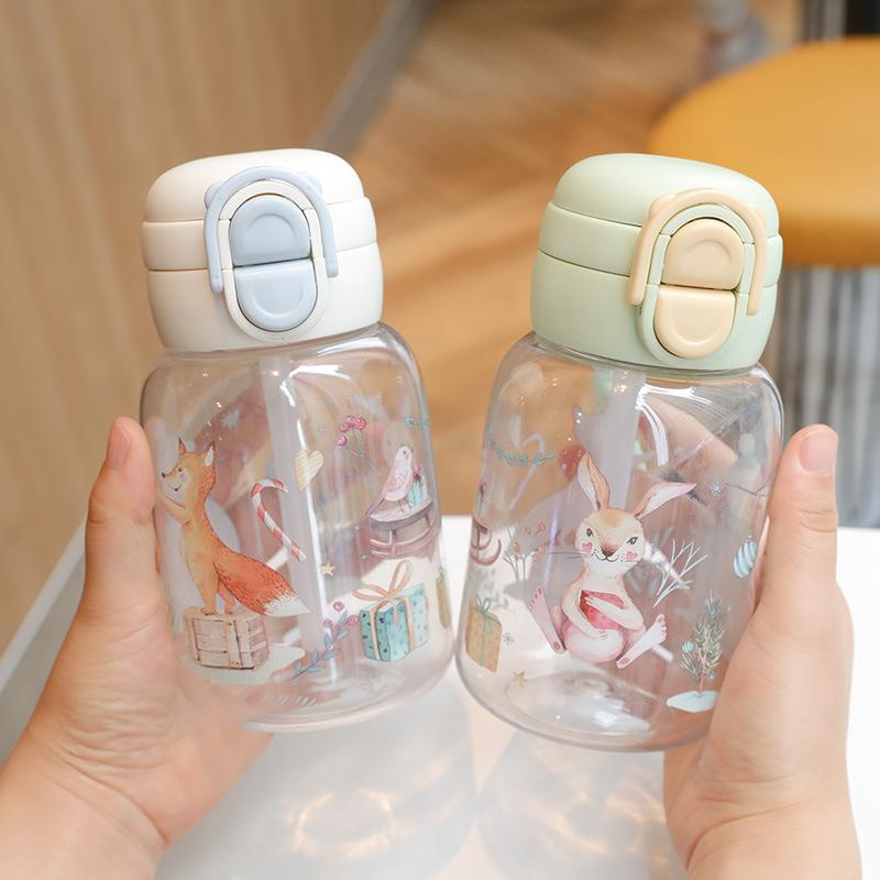 Water bottle simple high value double drinking straw cup cute student drop-proof children's kettle large capacity portable plastic water cup