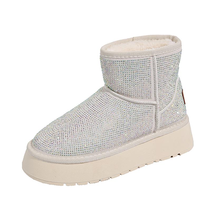 Fashion Women's New Winter Thick Soled Snow Boots Round Head Suede Rhinestone Anti-slip Wear-resistant Short Boots