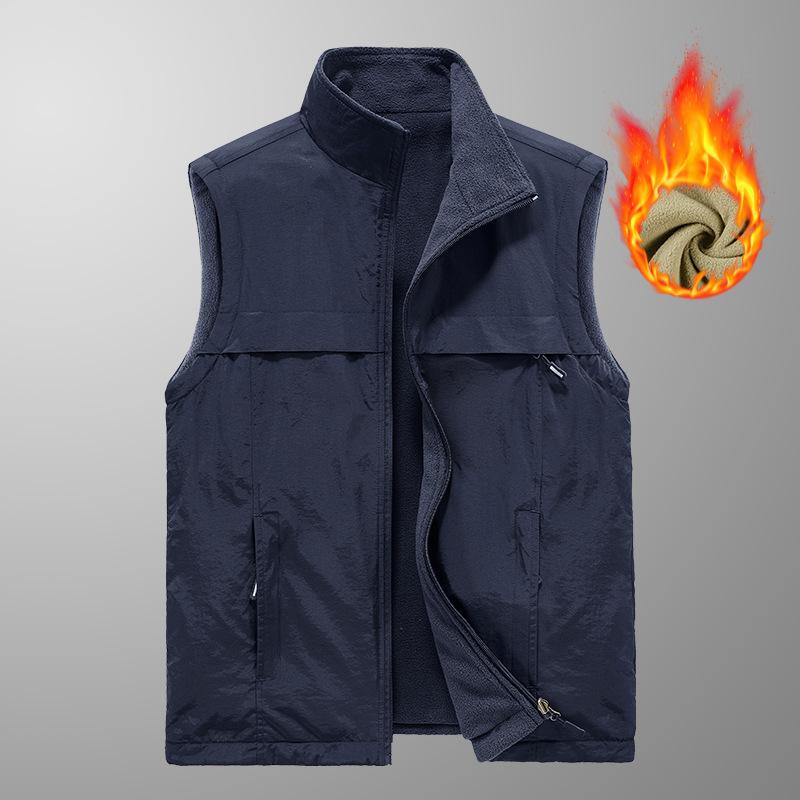 Autumn and Winter Middle-aged Men's Vest Velvet Dad Sleeveless Stand-up Collar Multi-pocket Quick-drying Vest Wearing Vest On Both Sides