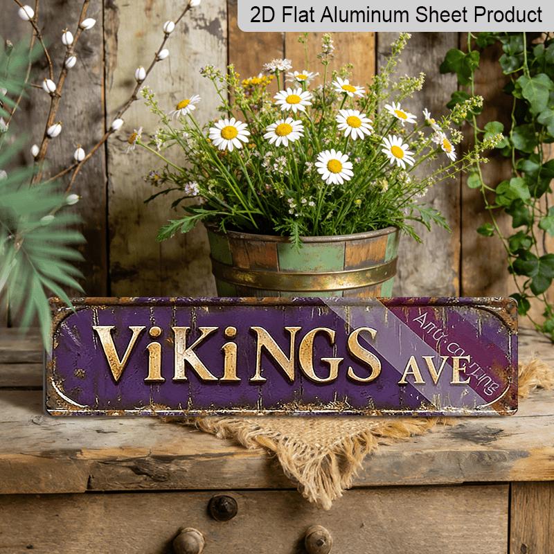 2D Flat 1pc, 15.7×3.94inch Vintage Viking Avenue Sign, Aluminum Decorative Sign, Country-Themed Wall Decoration Featuring Golden and Purple Text