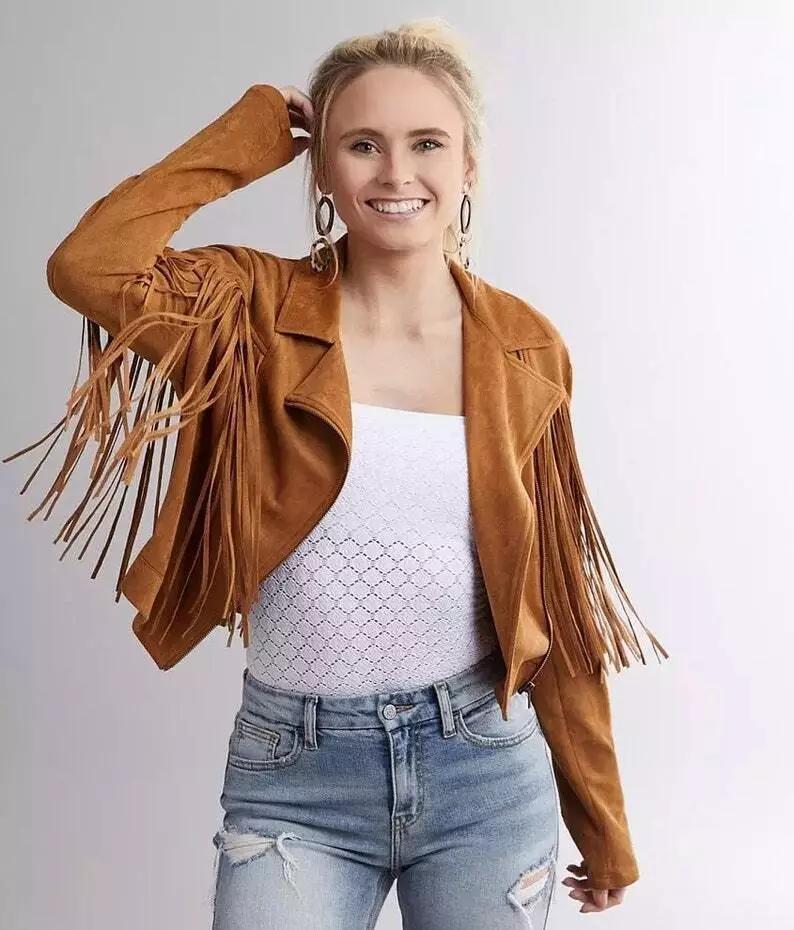 Натуральная замшевая женская коричневая мотоциклетная куртка ручной работы из овечьей кожи с бахромой