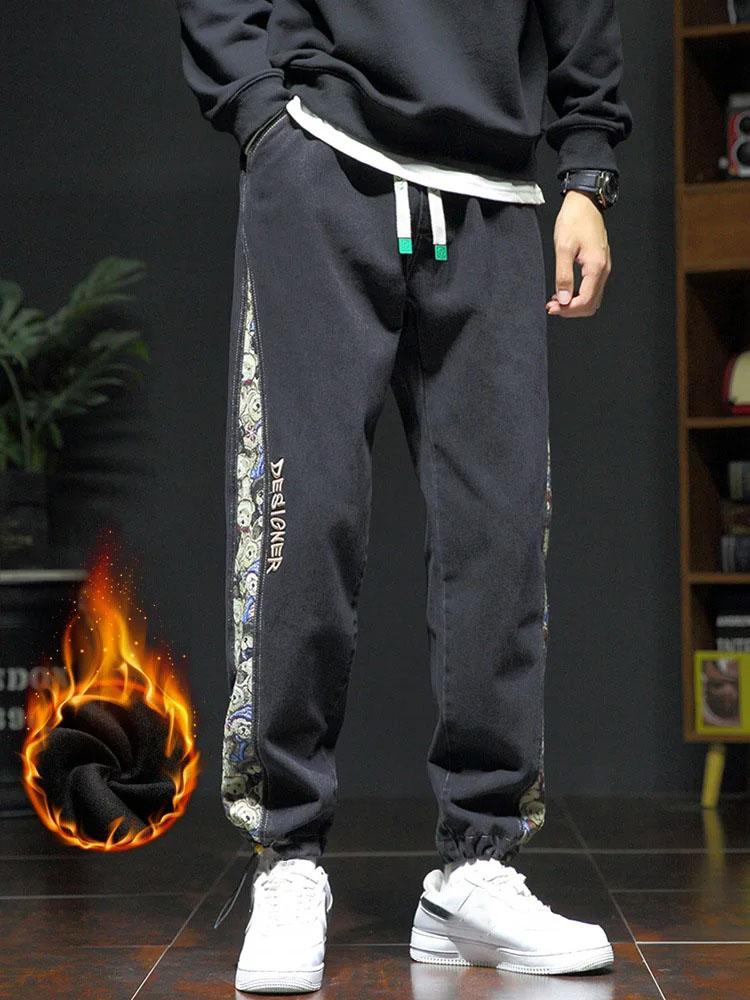 Зимние толстые флисовые теплые свободные шаровары джинсы мужские с высокой талией повседневные уличные мужские синие джинсовые брюки больших размеров