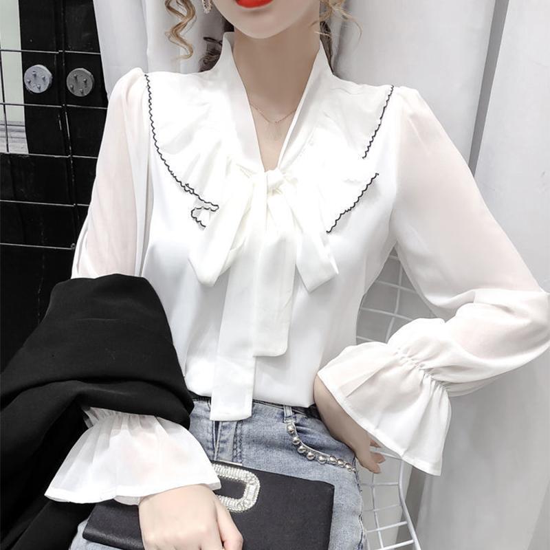 V-neck Chiffon Shirt Women's Long-sleeved Spring and Summer Tops Design Niche Lantern Sleeve Chiffon Shirt